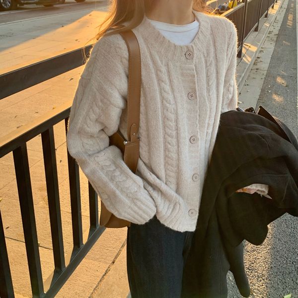 

women's knits & tees zawfl - women's ruffled knitted jacket, contrast color sweater, loose cardigan, 2021 korean retro cardigan, White