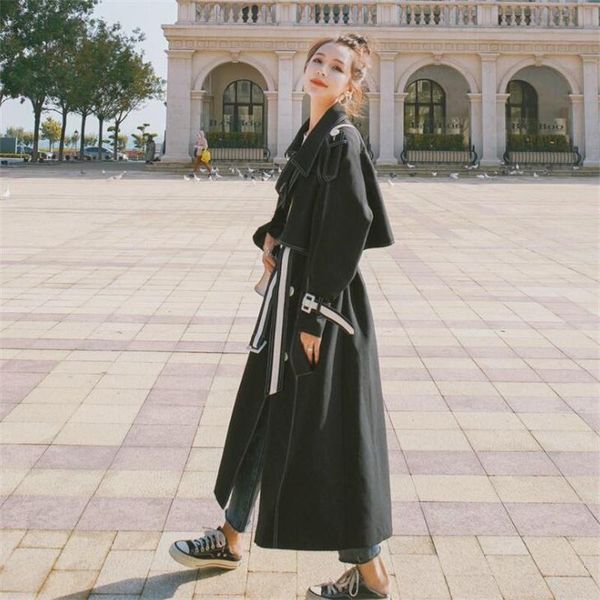 

women's trench coats 2021 spring clothing stitched webbing stitching contrast color long windbreaker over the knee black, Tan;black
