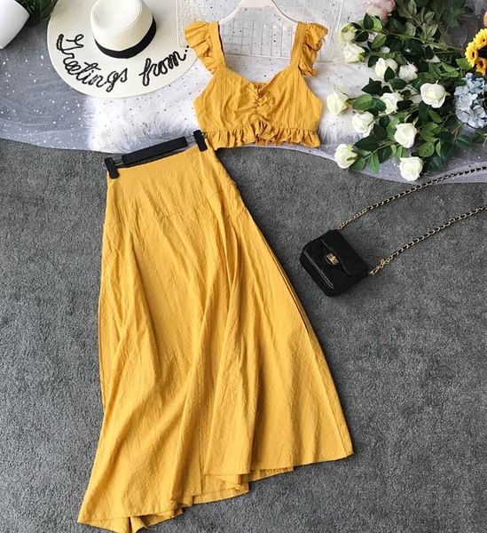 

two piece dress fashion women beach outfit 2021 summer sleeveless v-neck shirt crop + slim long skirt sets woman boho clothes, White