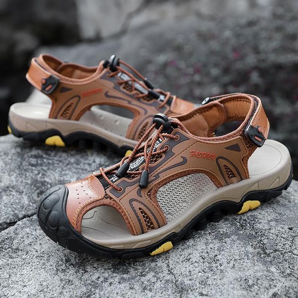 

sandals men outdoor casual shoes 2021 summer leather mens large sizes handmade breathable genuine roman for man walking holes, Black