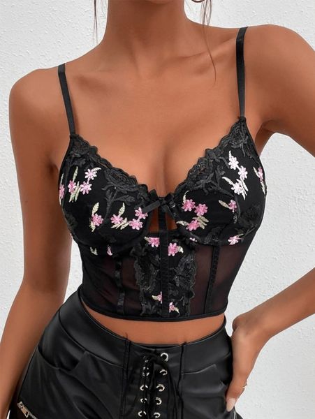 

floral embroidery bow front bustier crop mesh cami e3ws#, White