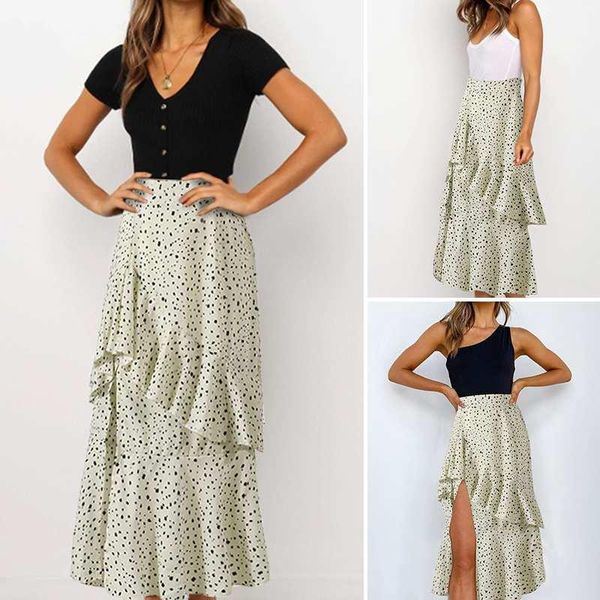 

skirts women fashion celmia 2021 summer slit polka dot printed ruffles long casual loose beach party plus size 5xl, Black