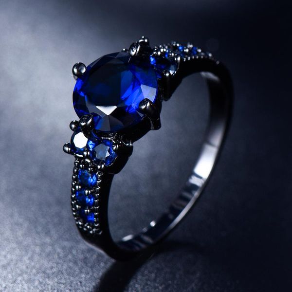 

wedding rings luxury female blue crystal stone jewelry vintage black gold engagement for women charm bride round zircon ring, Slivery;golden