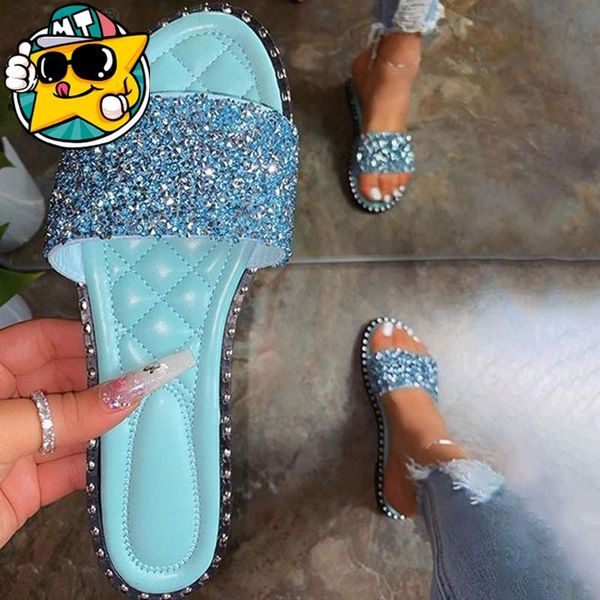 

women's summer slippers flat sandals outdoor beach shoes rhinestones bling open toe fashion plus size 43, Black