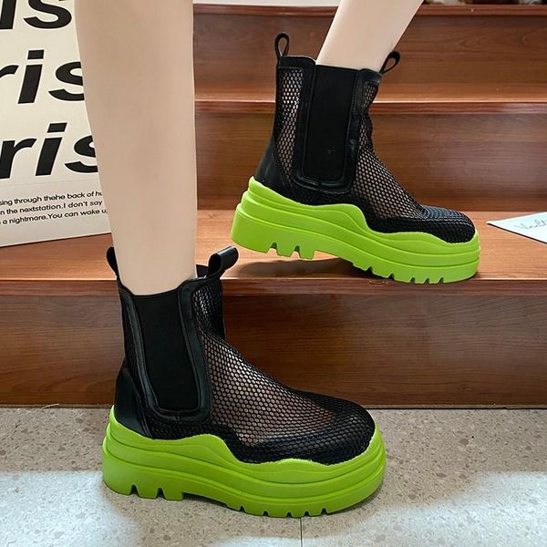 

boots 2021 fashion chunky autumn round toe combat black ladies shoes flats mesh ankle boot for women summer