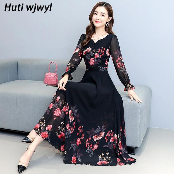 

casual dresses elegant long sleeve floral chiffon beach midi dress 2021 autumn winter vintage plus size women bodycon party maxi vestidos, Black;gray