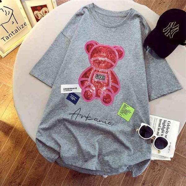 Net Vermelho Red Bear Mid-Length Meados de Manga Curta T-shirt Feminino Verão Coreano Cartoon Loose Casual All-Match tops para as mulheres 210623