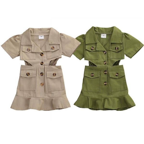 

2-7y kids baby girls summer dress 2021 short sleeve lapel hollow out pocket ruffle fashion children clothes girl's dresses, Red;yellow