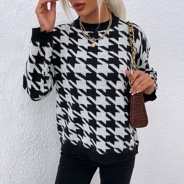 

women's sweaters 2021 fall/winter knitted trending sweater korean casual pullover houndstooth round neck office ladies retro knitwear, White;black
