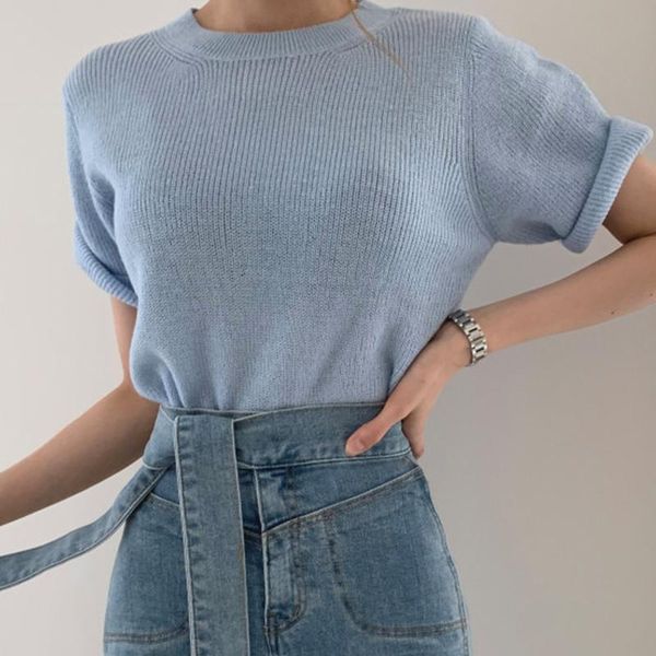 

women's t-shirt knitting solid o-neck short sleeve women simplicity elastic thin section tees korean basic casual t-shirts, White