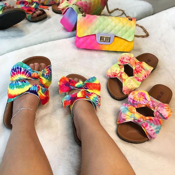

fashion multicolor printing double bow outdoor flat female slippers 2021 summer style plus size women beach, Black