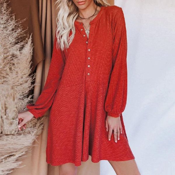 

casual dresses women's dress red v-neck button long-sleeved elegant loose autumn winter clothing vintage 2021, Black;gray