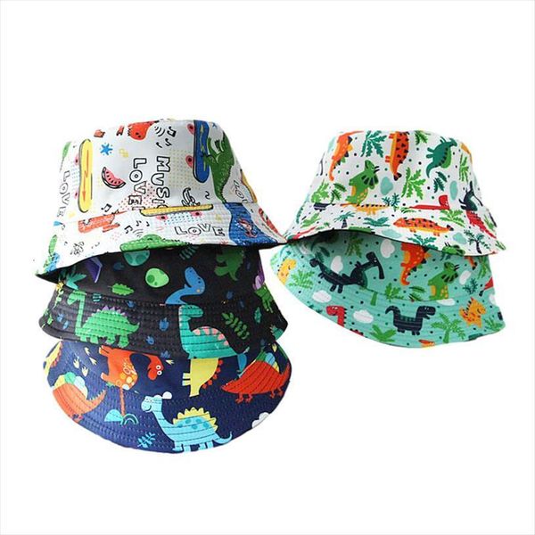 

kids toddler bucket hat summer cartoon dinosaur print short brim sun protection fisherman cap for girls 2 6 years old, Blue;gray