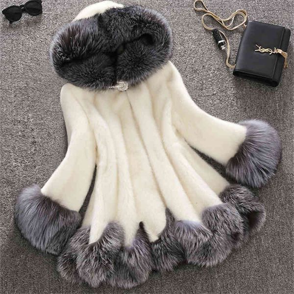 

women's wool & blends fashion autumn winter faux fur coat women korean mink splice hooded mid-length jacket ladies plus size j1nz, Black