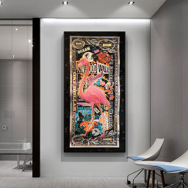 

paintings graffiti flamingo on golden dollar abstract art prints money picture canvas wall painting posters for living room decoration