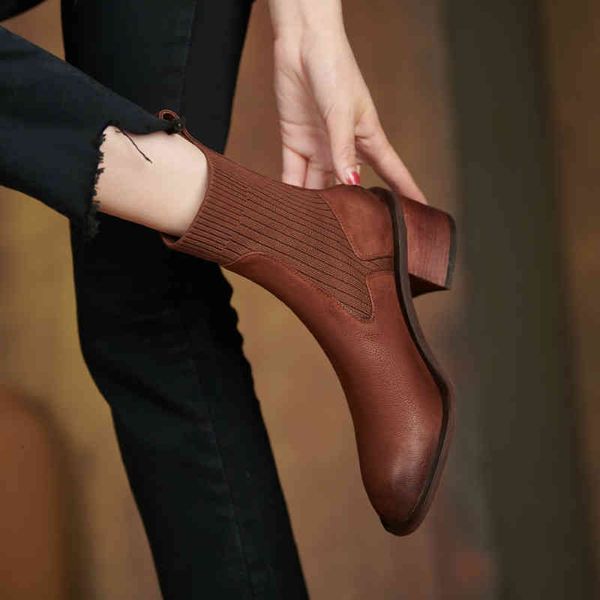 

dress shoes new retro chelsea short boots genuine leather square heels women socks ankle dancing party woman platform u3yf, Black