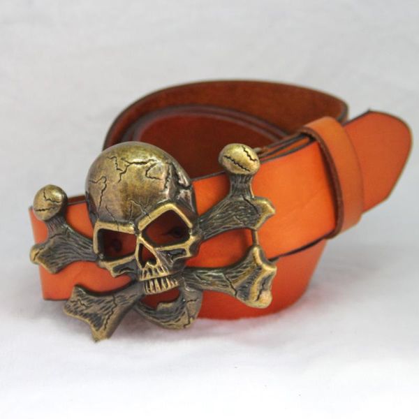

cowhide belt, bronze skull buckle retro fashion men and women leisure first-tier belt belts, Black;brown