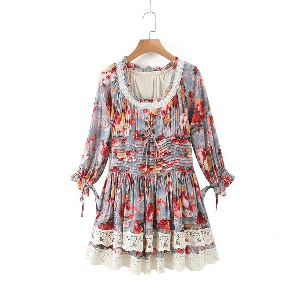 

casual dresses spring women sweet floral print dress o neck lace stitch cascading ruffles pleated a line above knee mini party xz2427, Black;gray