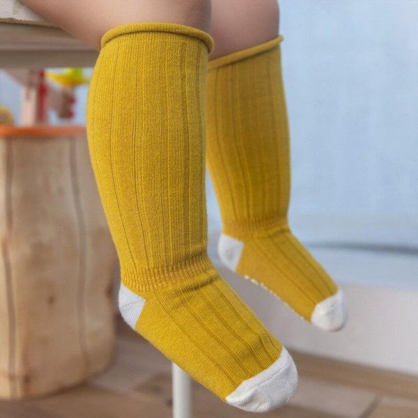 

baby boys girls cotton knee high socks solid candy color kids toddler double needle patchwork non-slip short for children, Pink;yellow