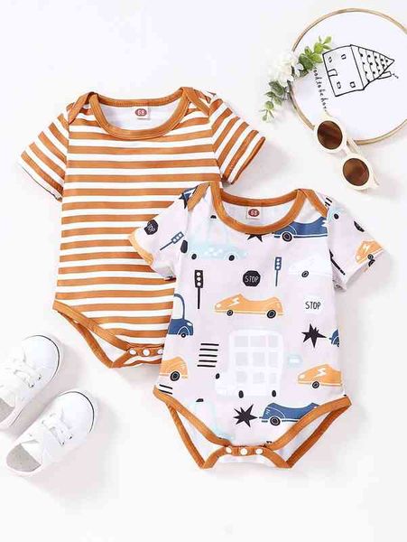 

baby 2pcs striped car print contrast binding bodysuit she, Blue