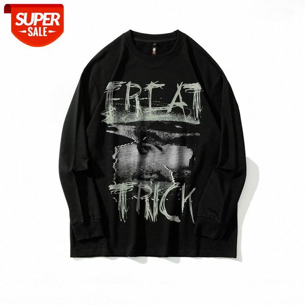 

letter graffiti printing long-sleeved t-shirt men's street flow loose round neck with a bottoming shirt #5s53, White;black