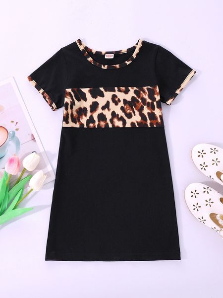 

toddler girls leopard contrast binding dress she, Red;yellow