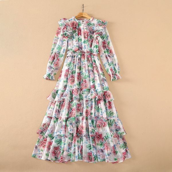 

europe and the united states women's clothing new summer 2021 long sleeve collar fashion print flounces pleated dress, Black;gray