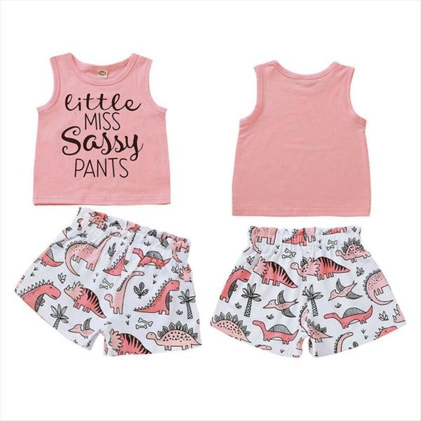 

summer toddler kids baby girls sleeveless t shirt letters vest dinosaur shorts clothes tracksuit set, White