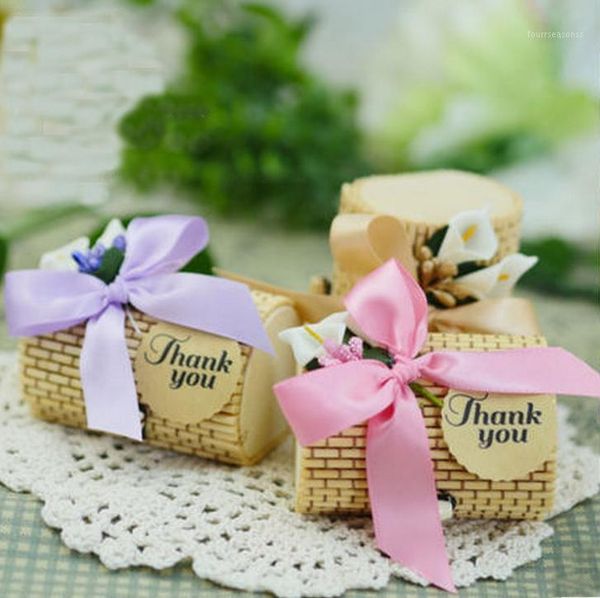 

gift wrap 20pcs creative cylinder shape bamboo wedding favors candy boxes bomboniera party box with tags + flowers bowknots1