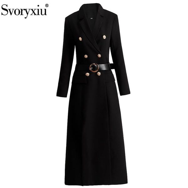 

svoryxiu 2021 autumn winter designer office lady black long trench coat women's luxury golden double breasted overcoat outwear coats, Tan;black