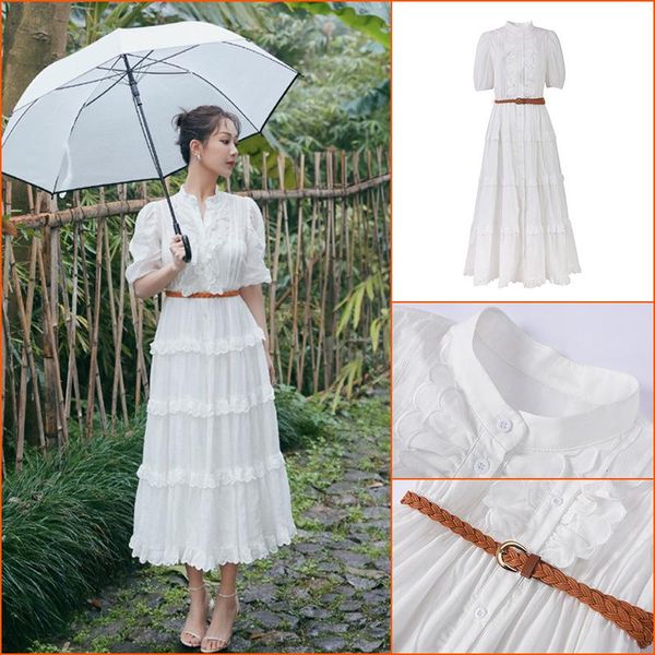 

party dresses french vintage one piece white long dress ruched ruffles puff sleeve spring summer with belt robe longue vestido largo, White;black