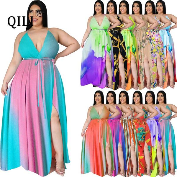 

casual dresses qili plus size backless dress women strap deep v neck boho multicolor print loose split obesity womens, Black;gray