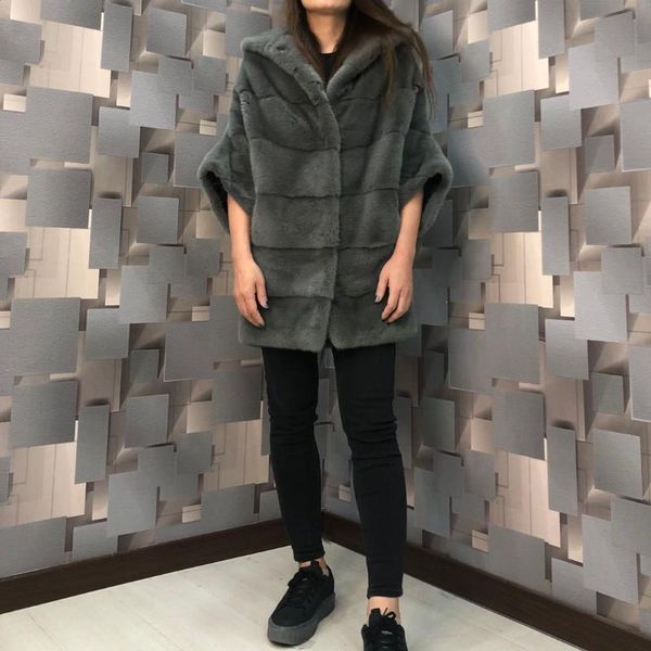 

women's fur & faux arlenesain 2021 custom olive color real female mink women cape coat with hood, Black