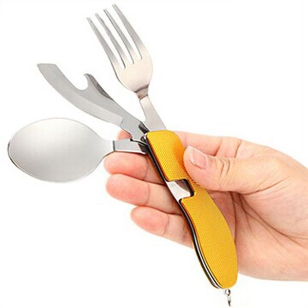

dinnerware sets multi-function outdoor camping picnic tableware stainless steel cutlery 4 in 1 folding fork knife bottle opener ic642858
