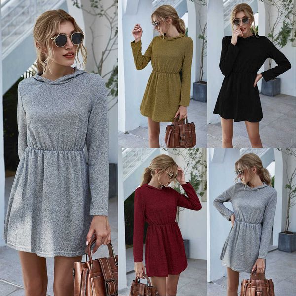 

solid elegant women dress casual hooded neck long sleeve spring autumn dresses vestidos w9169 210526, Black;gray