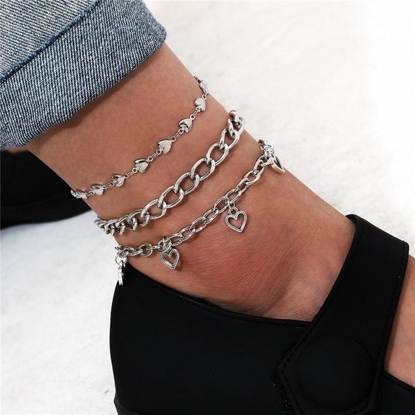 

anklets fashion women ankle chain beach foot jewelry for female retro three-layer hollow out heart pattern anklet pendant, Red;blue