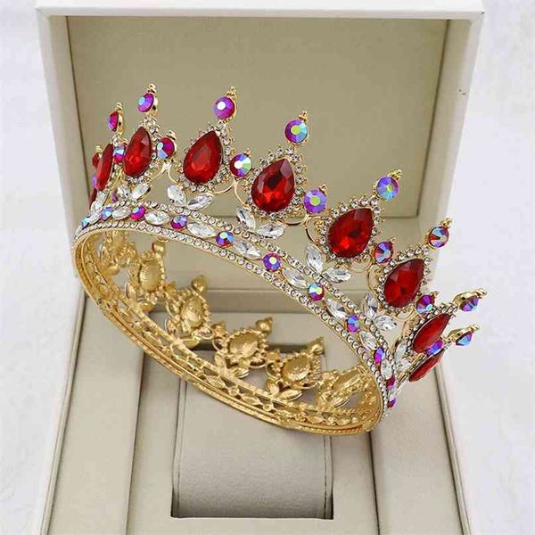 KMVEXO Gold Kristall Tiaras Barock Runde Krone Royal Queen King Kronen Diadem Prom Hochzeit Haarschmuck Zubehör 210707