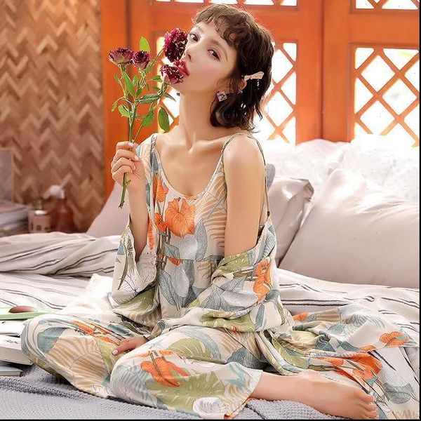 

3pcs pajamas sets printed womens sleepwears long sleeve cami pajama sleeveless shirts pants robe set mujer party nightgown, Black;red