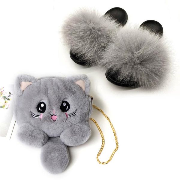 

summer furry women slippers fur slides cute cat plush sandals female home fluffy faux hair bags set casual shoes, Black