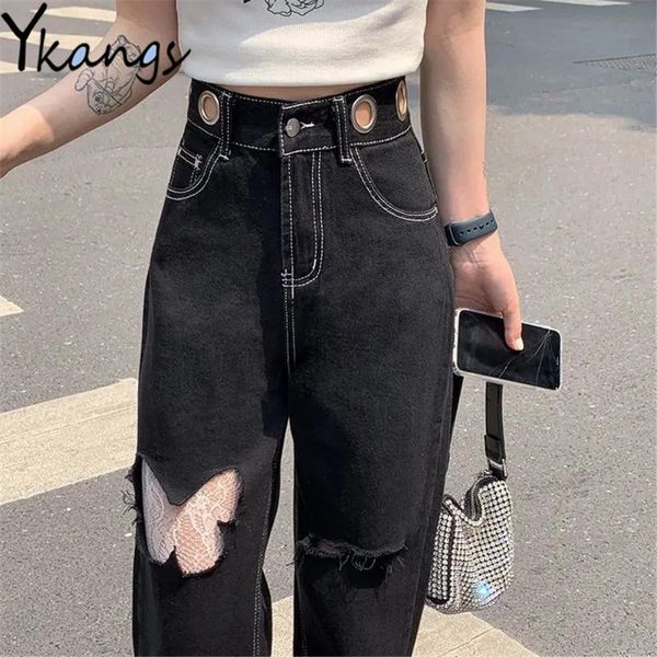 

women's jeans black waist round hollow out butterfly ripped hole wide leg high street gothic women straight denim pants sweet trousers, Blue