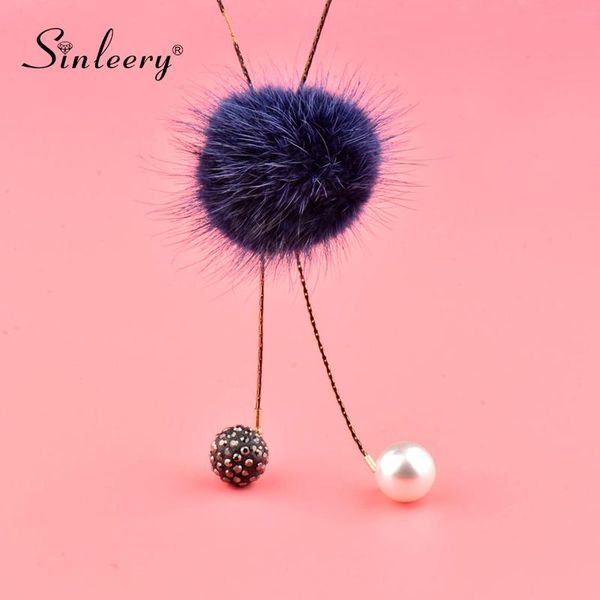 

pendant necklaces sinleery women mink hair fur ball plush pom long with adjust crystal pearl pendants jewelry my267 ssh, Silver