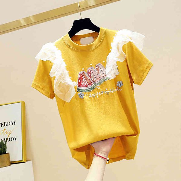 

tee design round neck short sleeves ruffles watermelon pattern beaded t-shirt graphic tees women pink, White