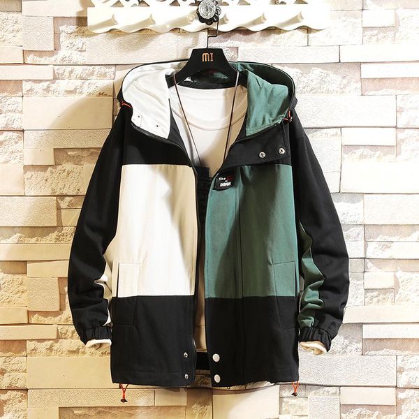 

men's jackets autumn cotton hooded couples contrast color patchwork zipper coats large size wear clothing m-3xl, Black;brown