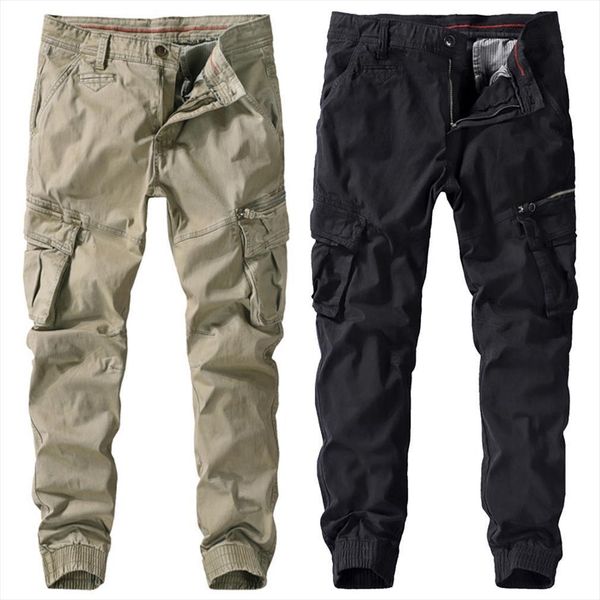 

spring autumn cotton cargo women pants work trousers military multi pockets outdoor male fashion clothe, Black