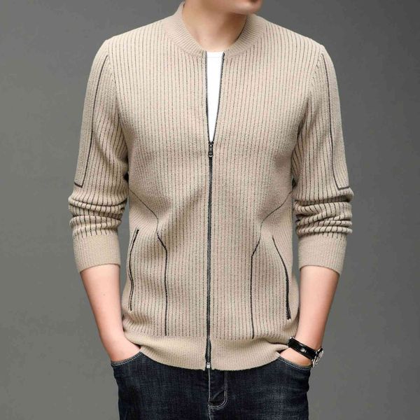 

autumn long sleeve stand collar color blocking middle-aged men's zipper knitted cardigan, White;black