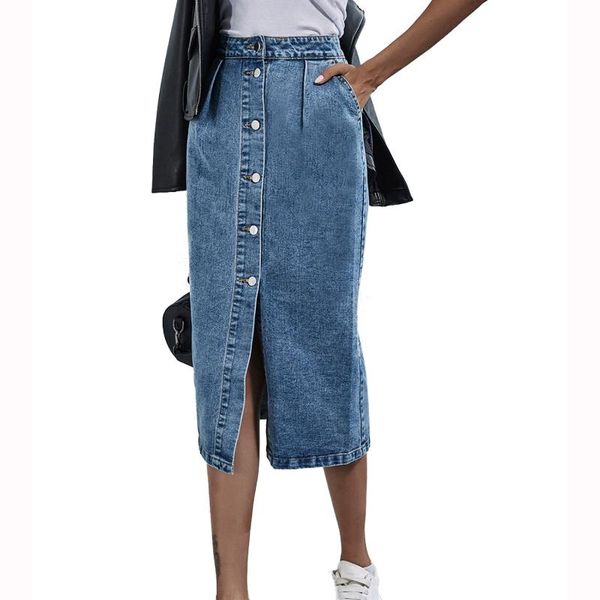 

skirts 2021 women summer high waist single breasted knee length denim skirt streetwear fall casual pocket straight blue jeans, Black