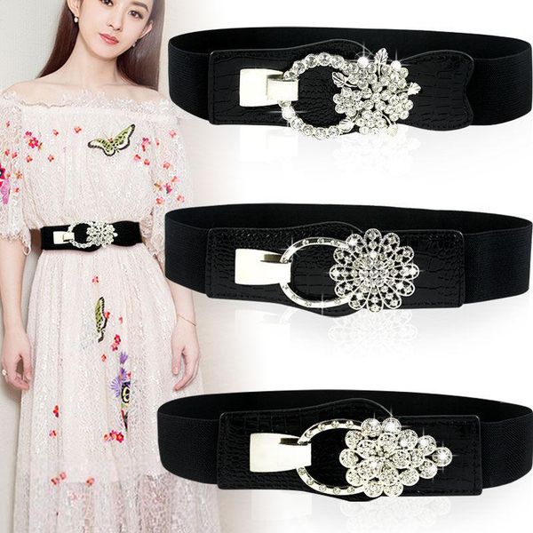 

belts diamond set ladies wide waist belt fashion elastic metal hook waistband designer luxury for women, Black;brown