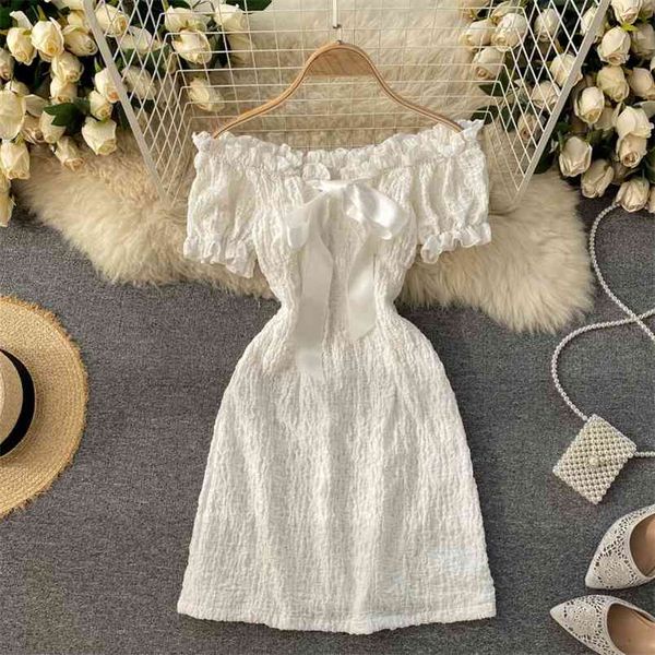 

spring retro french vestidos female fungus side neck puff sleeve slim slimming bowknot age reduction mini dress c592 210506, Black;gray