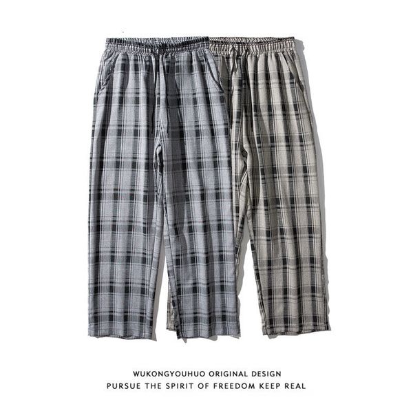 

men's pants spring summer cotton plaid fashion retro casual men streetwear korean straight wide leg mens trousers 2n2d, Black