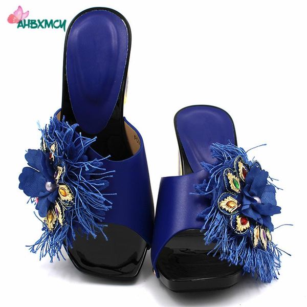 

dress shoes latest nigerian mature style in royal blue color african ladies slingbacks slipper with shinning crystal for party, Black
